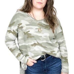 American Eagle Camo Waffle Knit Long Sleeve Top XS Green Thermal
